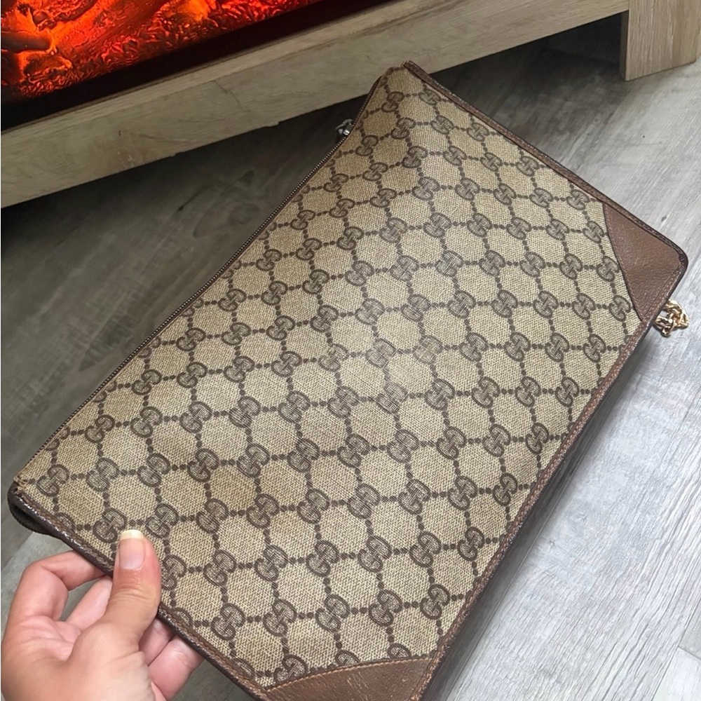 AUTH Crossbody Gucci Brown Leather Interior with Multicolor Trim Tote-Vintage - Picture 9 of 13